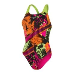 Speedo Placement Powerback Swimsuit - Pink/ Lime/ Salso/ Black