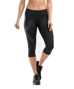 2XU Women's Mid-Rise Compression 3/4 Tights - Black/ Dotted Reflective Logo -Outlet Swimsuit Zone Store wa2865b blk drf