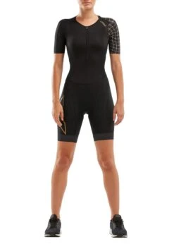 2XU Women's Compression Sleeved Trisuit - Black/Gold -Outlet Swimsuit Zone Store wt5521d blk gld 00