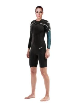 2XU Women's Pro-Swim Run SR1 Wetsuit - Black / Aquarius Teal Print -Outlet Swimsuit Zone Store ww5480c blk arg 00 1